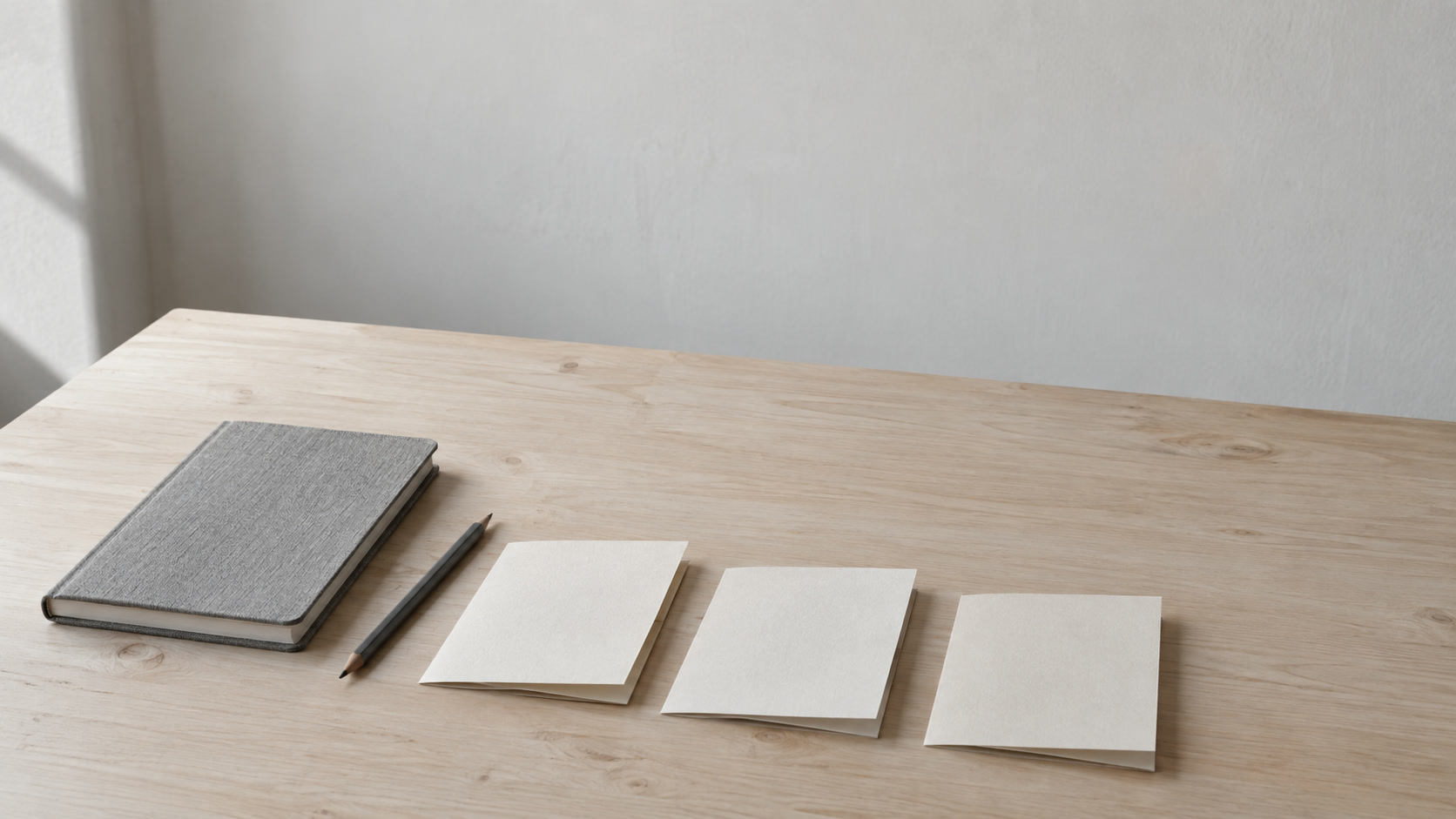 A closed notebook, a pencil and three blank folded quote sheets laid side by side on a light wooden desk.