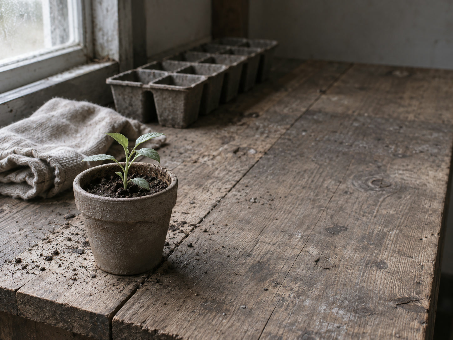 A single small potted seedling on a workbench next to a row of empty seed trays and a folded cloth.