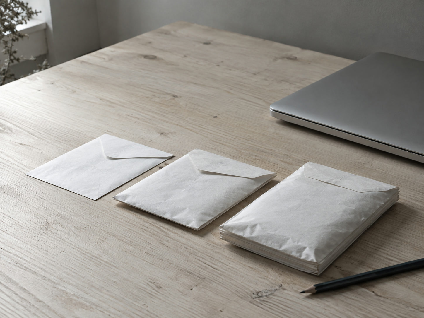 Three plain envelopes of different thickness lined up on a wooden desk beside a closed laptop and a pencil.