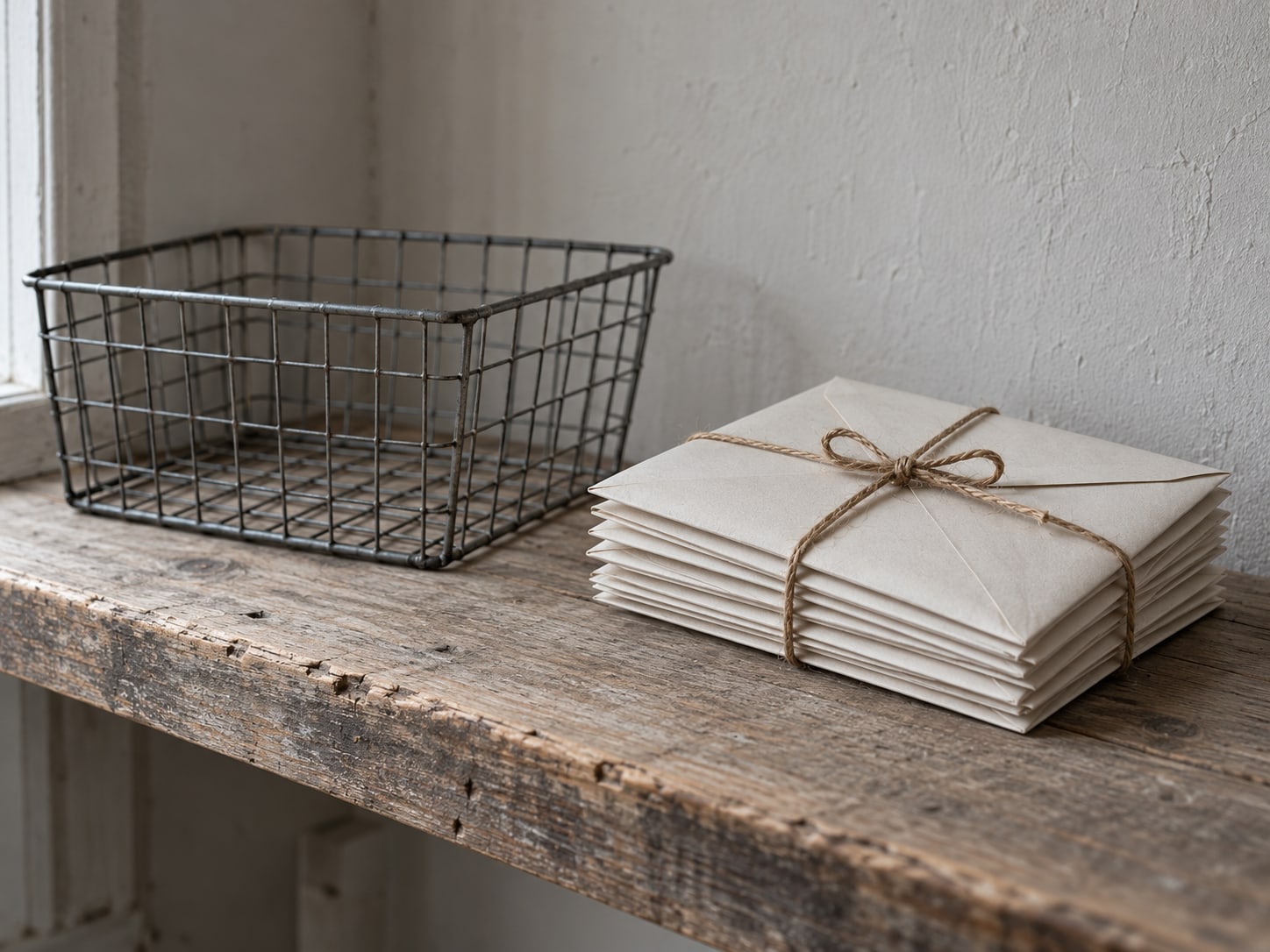 A tidy stack of unopened envelopes tied with string beside an empty wire basket on a wooden shelf.