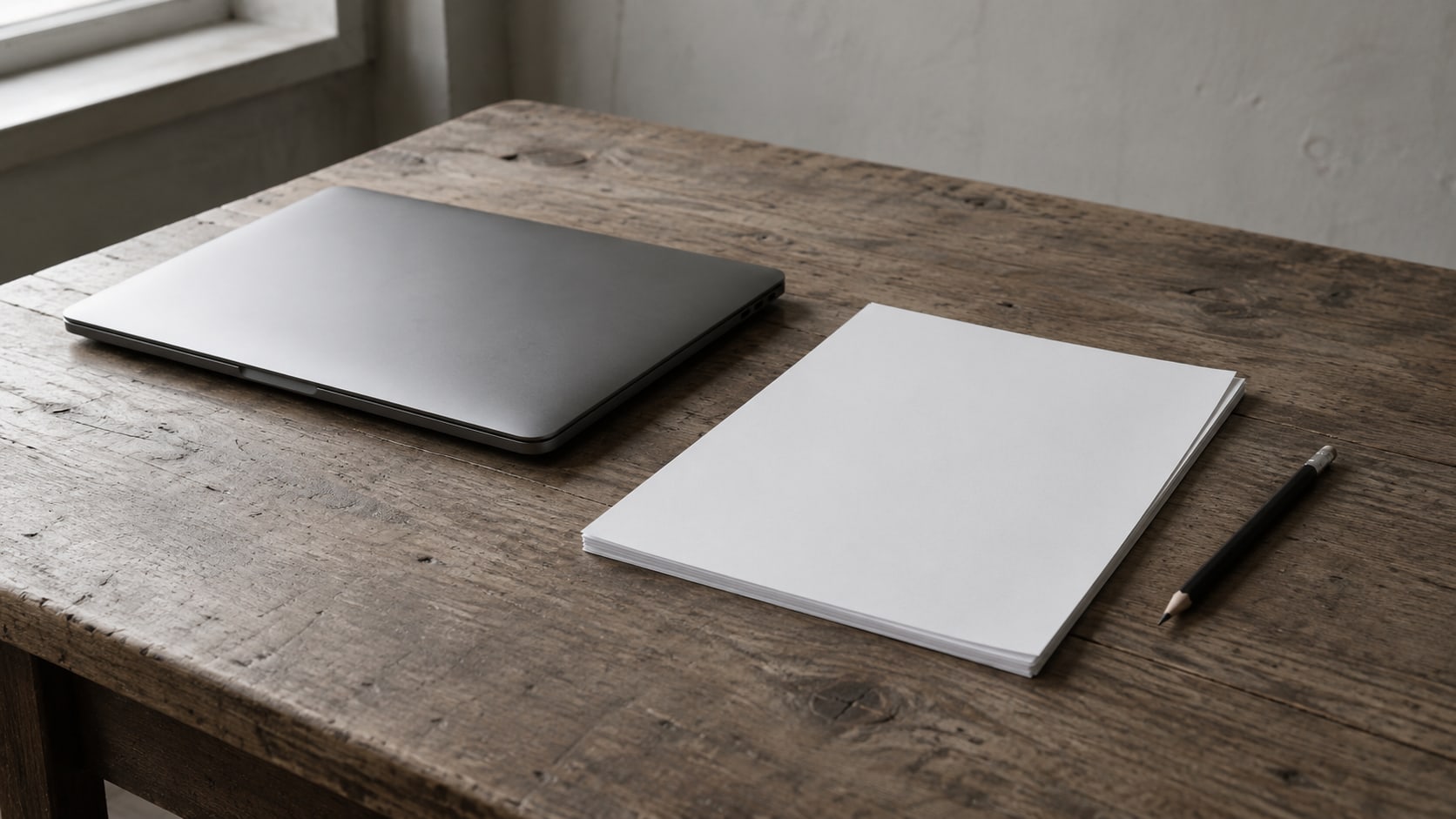A small brass kitchen scale on a wooden counter holding three blank paper tags, with a closed notebook beside it.