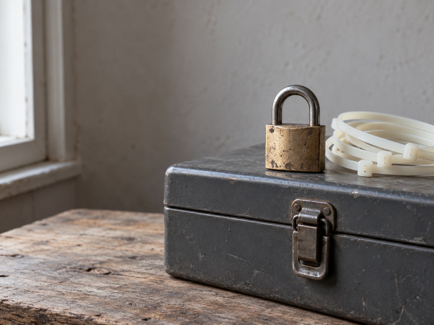 A brass padlock resting on a closed metal toolbox next to a coil of blank cable ties.