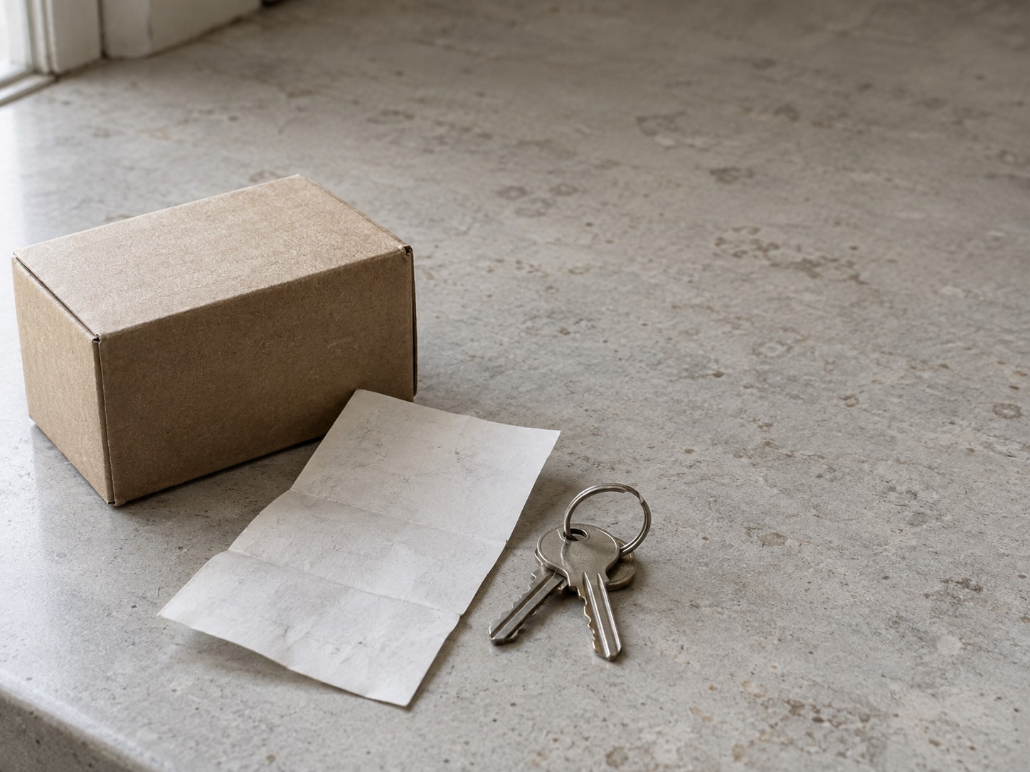 A small cardboard box, a folded receipt with faint pencil marks and a set of keys resting on a kitchen counter.