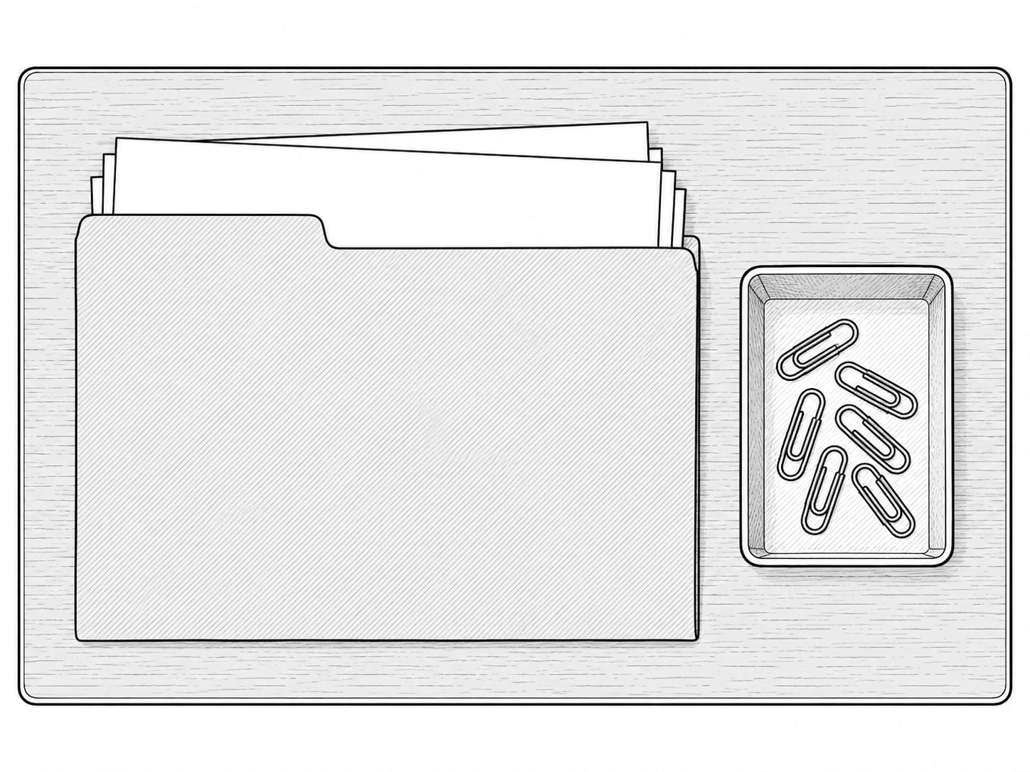A plain manila folder holding a thin stack of blank papers beside a small tray of paper clips on a gray desk.
