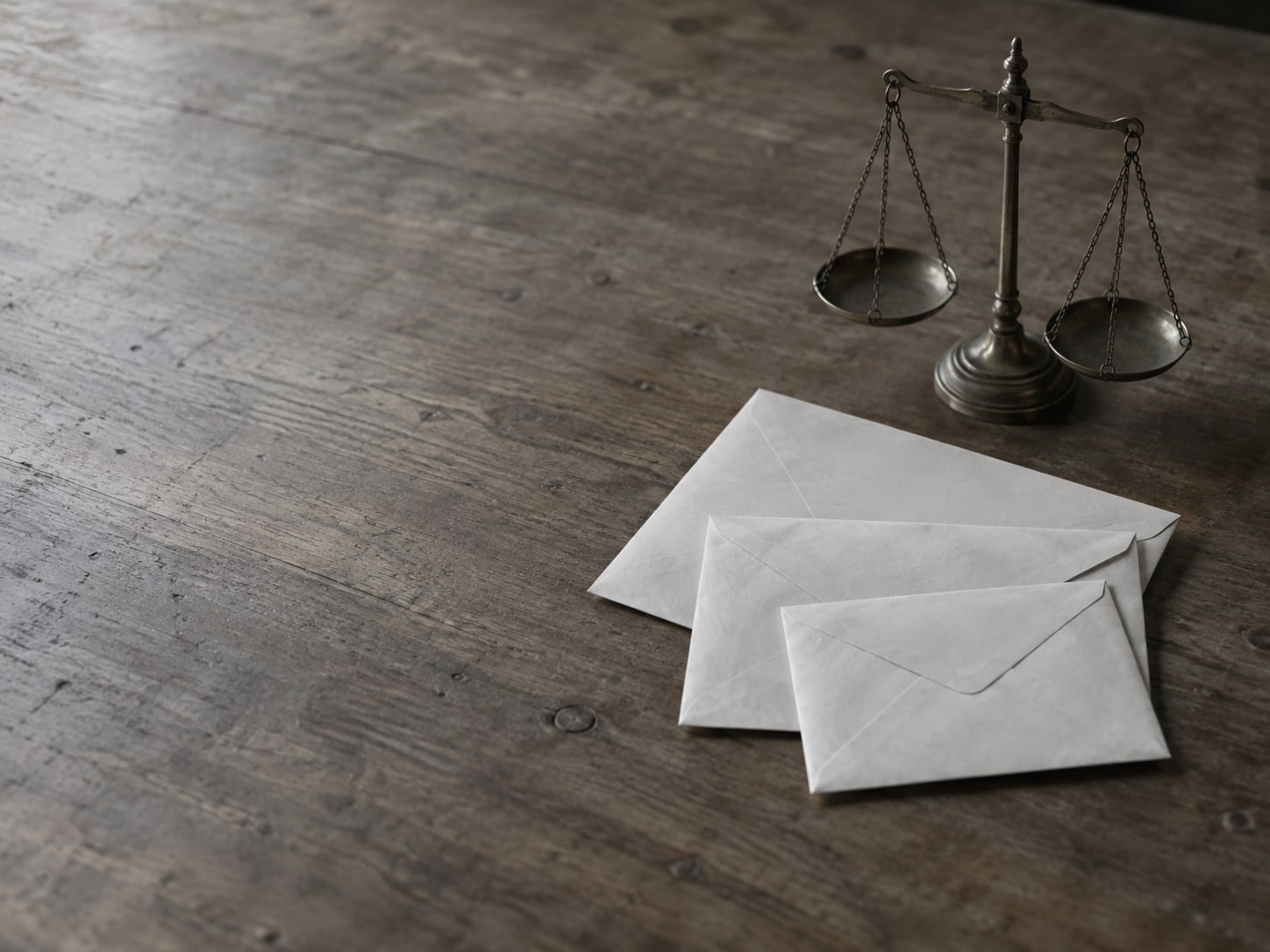Three sealed blank envelopes of different sizes fanned out on a wooden table beside a small brass balance scale.