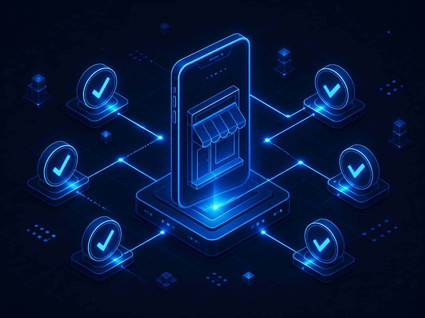 A simple shop-front outline framed inside a phone screen, ringed by six small check-marked nodes each connected back to it.