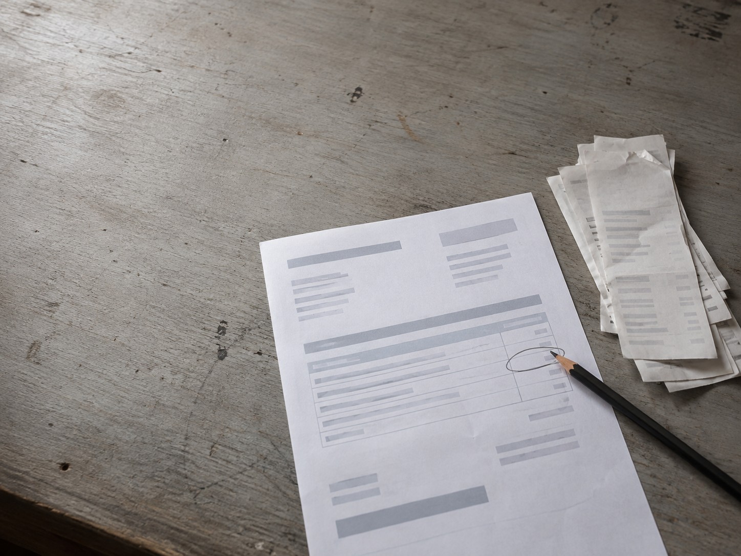 Un escritorio con una factura mensual y, a un lado, una pila aparte de pequeños recibos de software, con un bolígrafo encerrando en un círculo una línea de la factura.