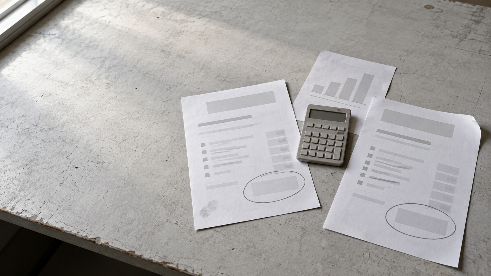 Two printed documents with one shaded area circled on each and a calculator between them, on a concrete desk.