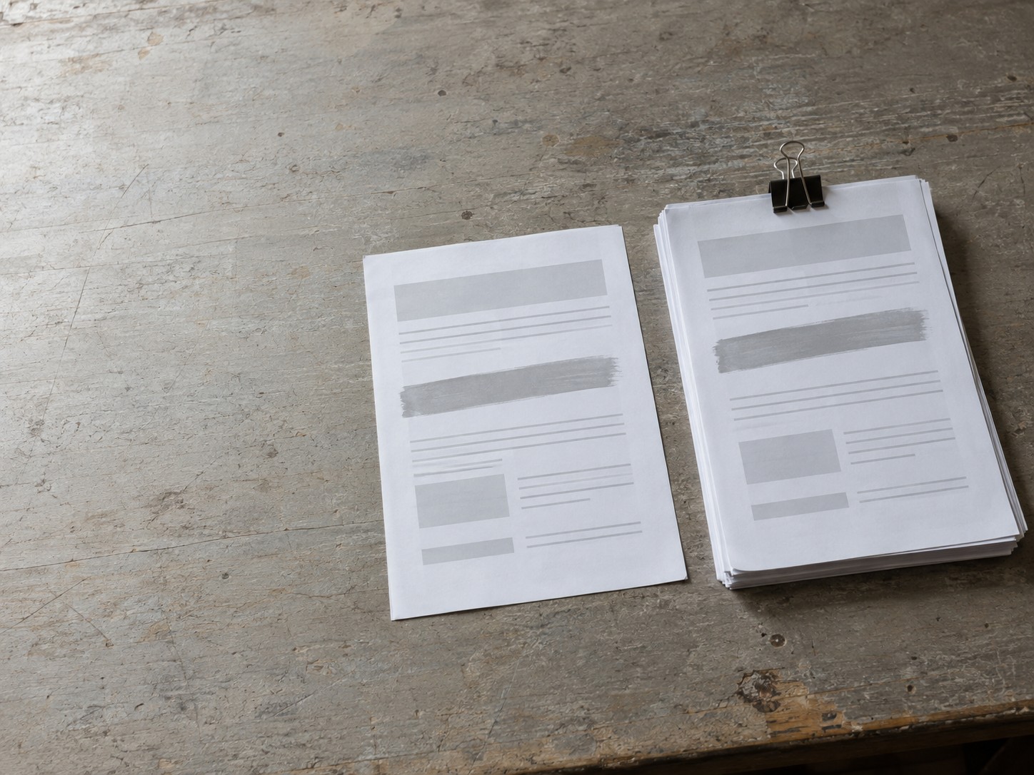 Dos propuestas de SEO impresas sobre un escritorio, una delgada y otra gruesa, con un resaltador marcando la sección de alcance en cada una.