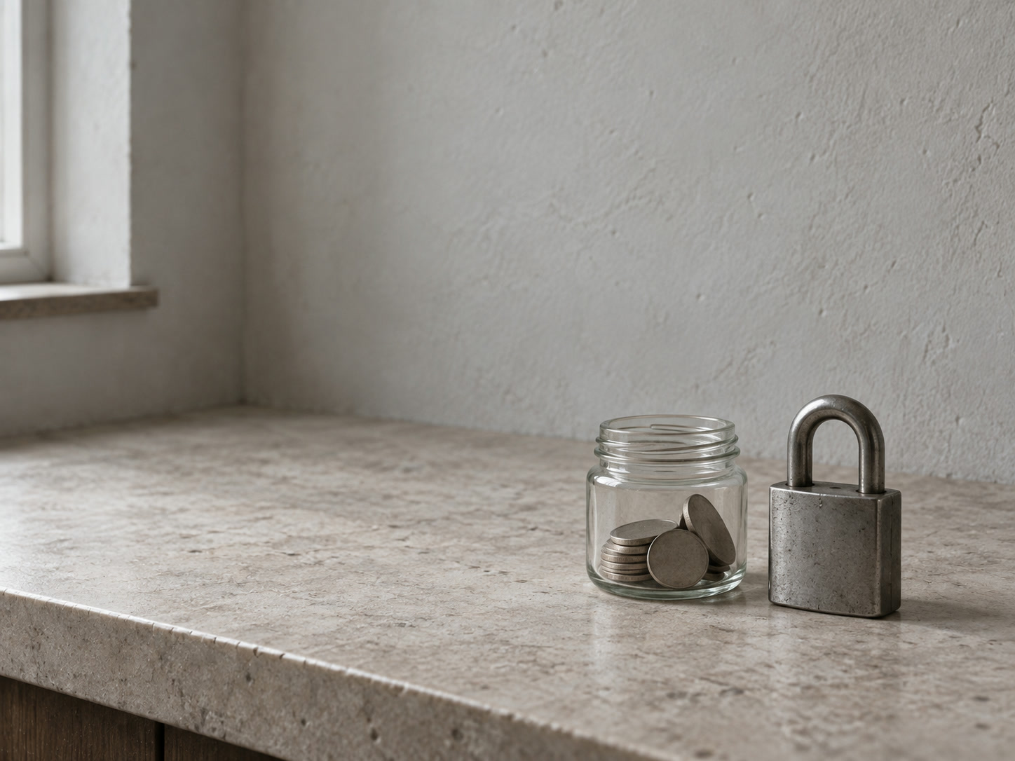 A small glass jar holding a few coins beside a closed padlock on a kitchen counter.