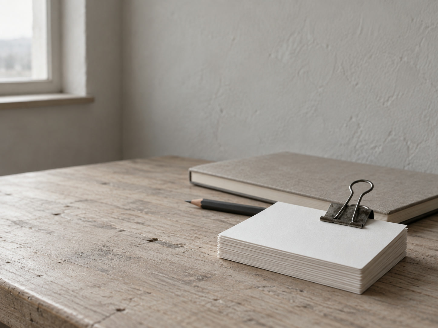 A stack of blank index cards held by a binder clip next to a pencil and a closed notebook on a desk.