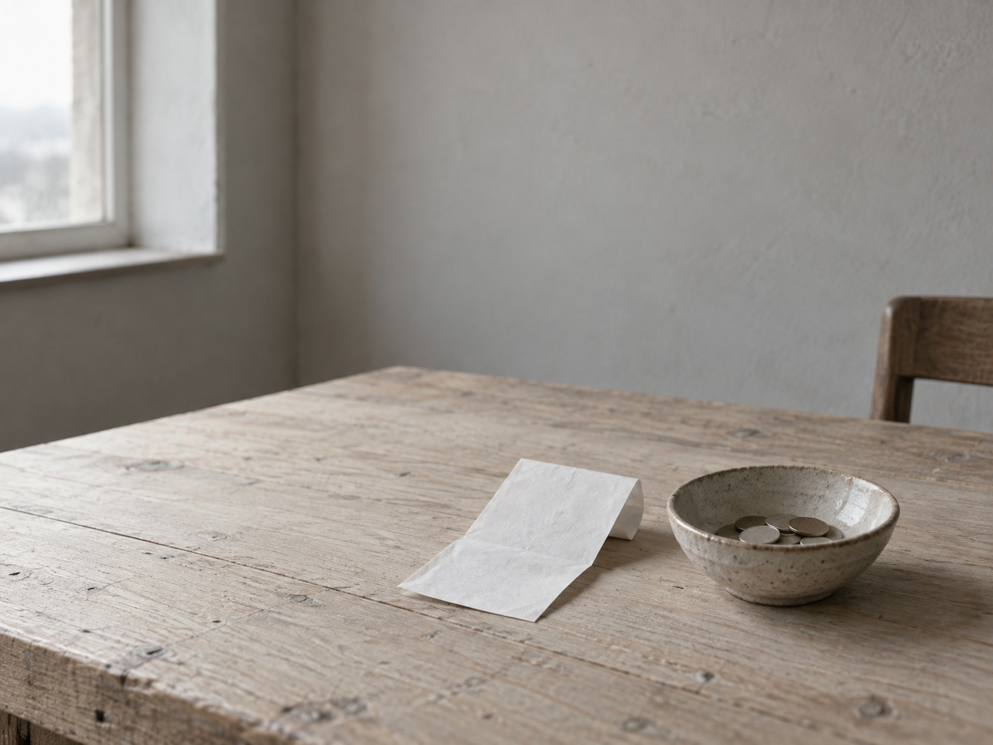 A single folded paper receipt beside a small ceramic bowl of coins on a pale wooden table.