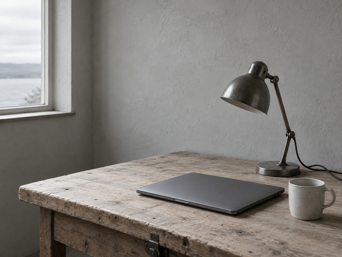 A closed laptop beside an unplugged desk lamp and an empty coffee mug on a quiet wooden desk.