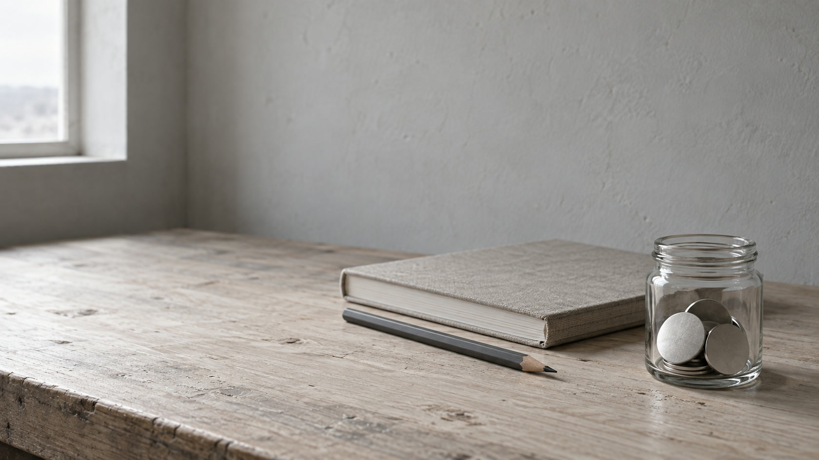 A small glass jar holding a few coins beside a closed notebook and a pencil on a pale wooden desk.