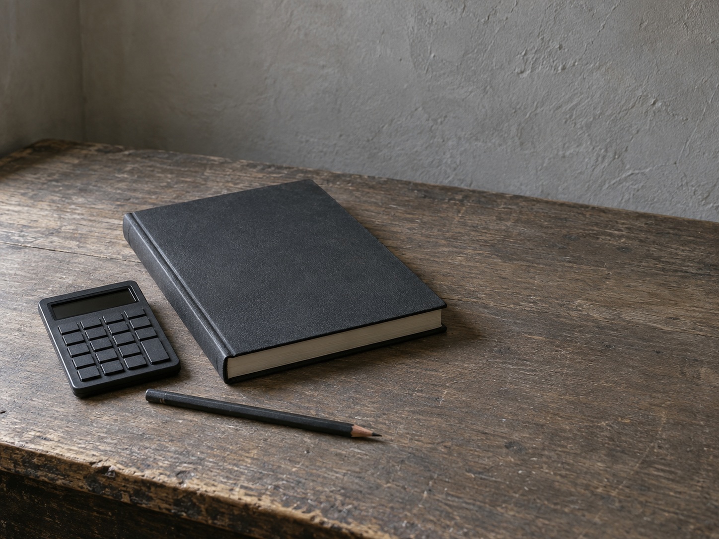 A closed ledger book, a sharpened pencil and a small switched-off calculator on a worn wooden desk.