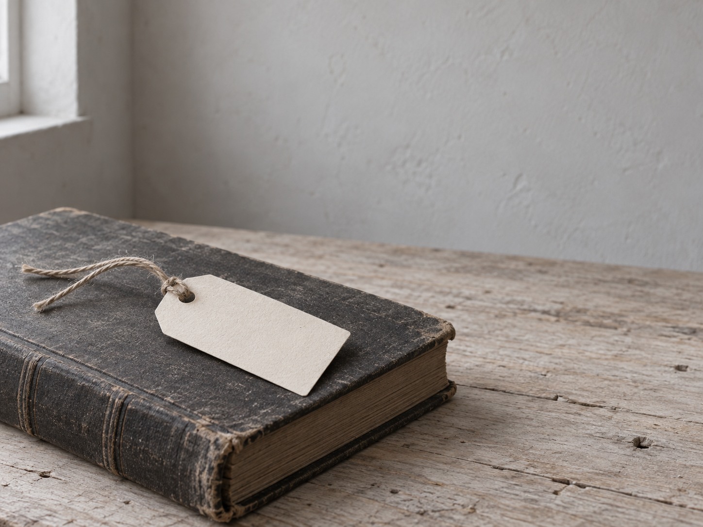 A blank price tag tied with string resting on a closed ledger book on a pale wooden table.
