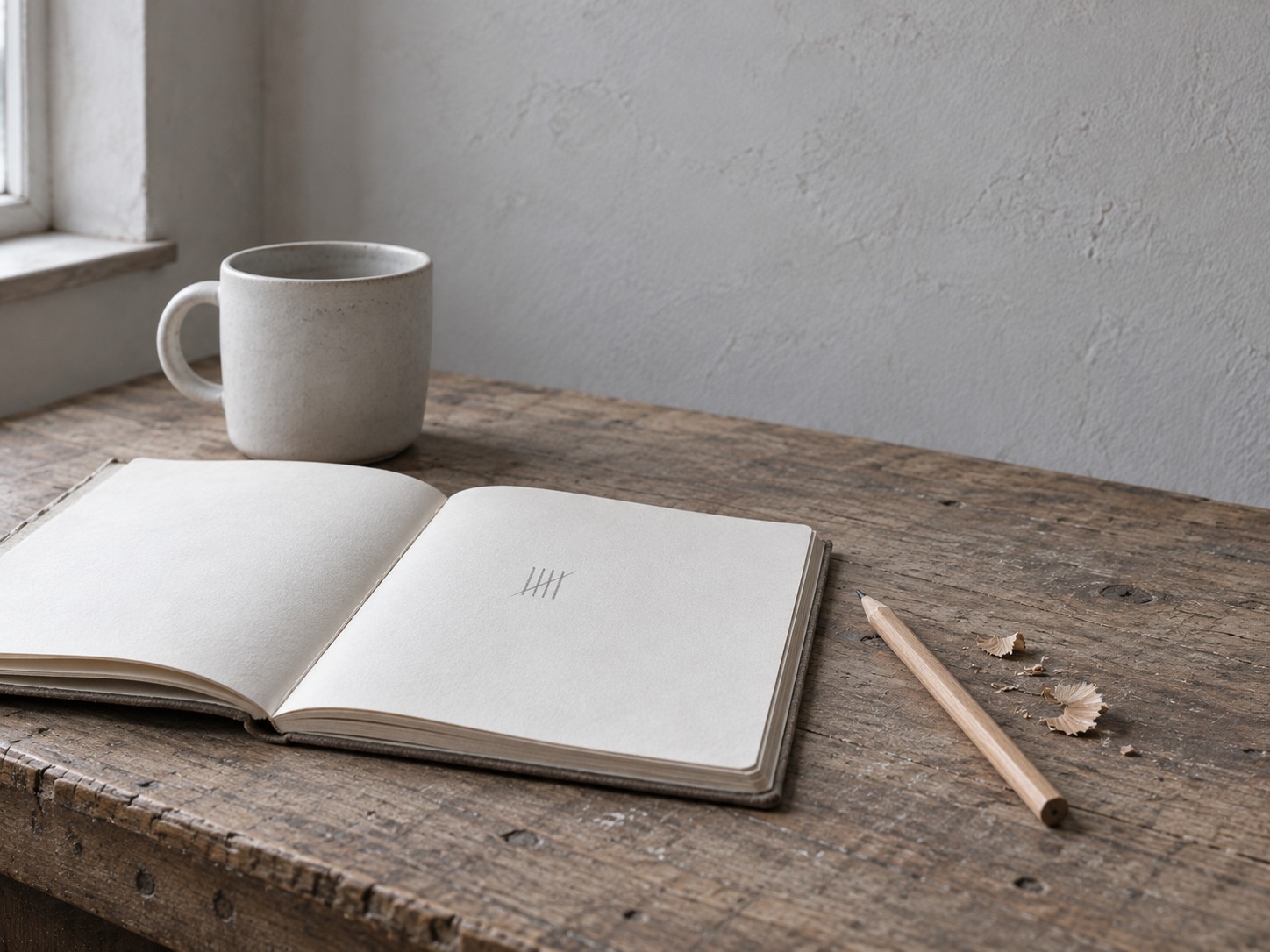 An open notebook with faint pencil tally marks beside a sharpened pencil and a mug on a wooden desk.