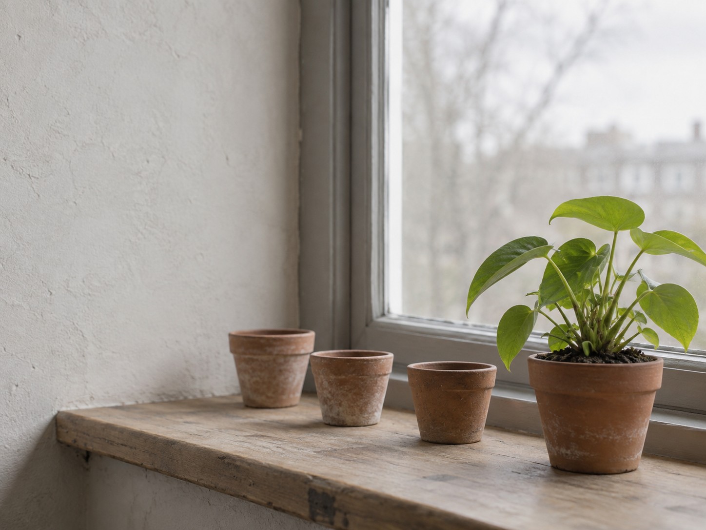 A single healthy potted plant on a windowsill beside three empty pots.