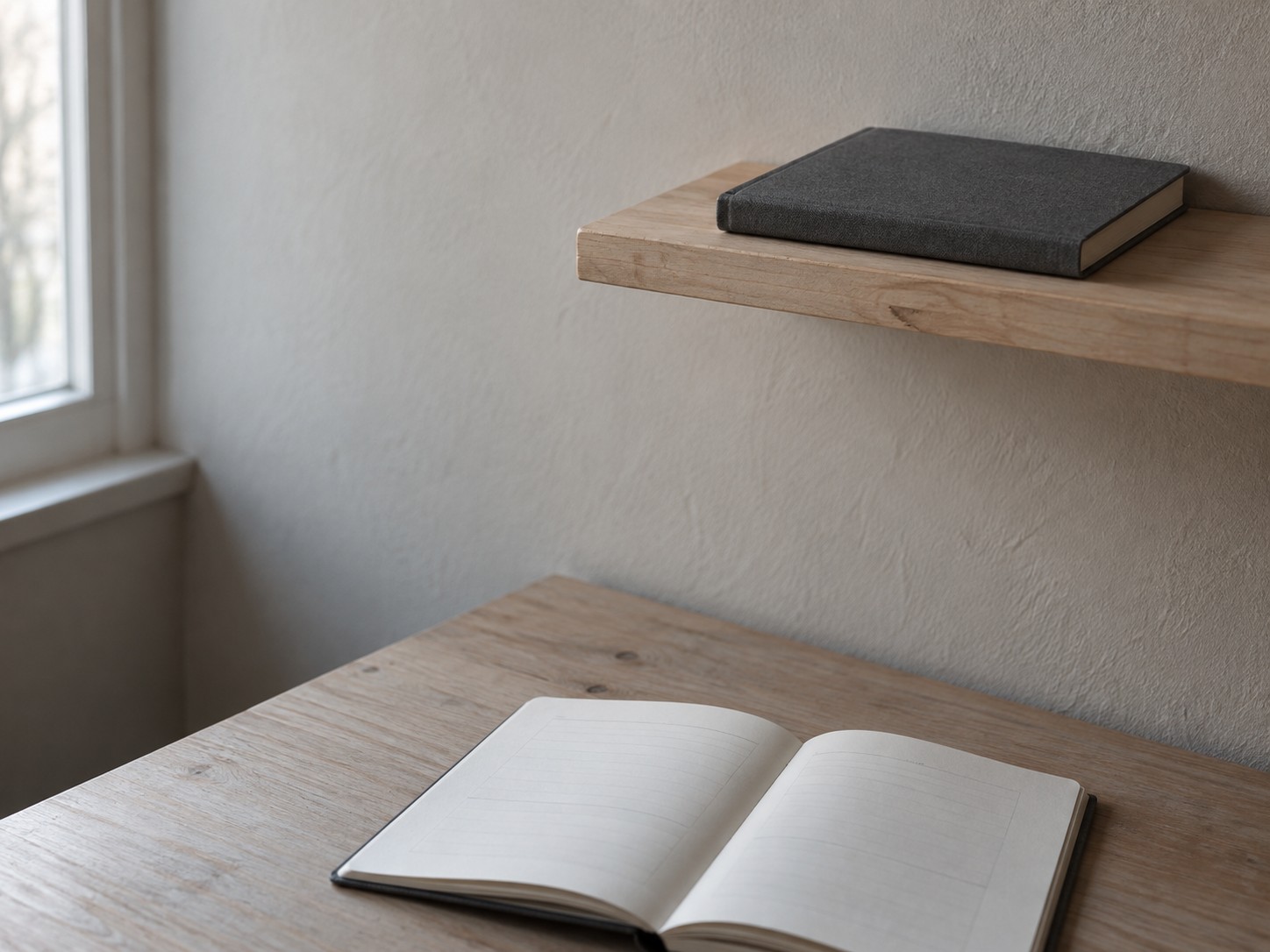 A closed notebook set neatly on a shelf beside an open one in use on the desk below.