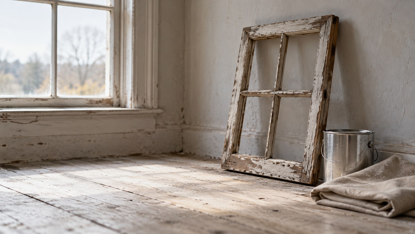 A weathered wooden window frame beside an unopened can of paint and a folded drop cloth on a plank floor.