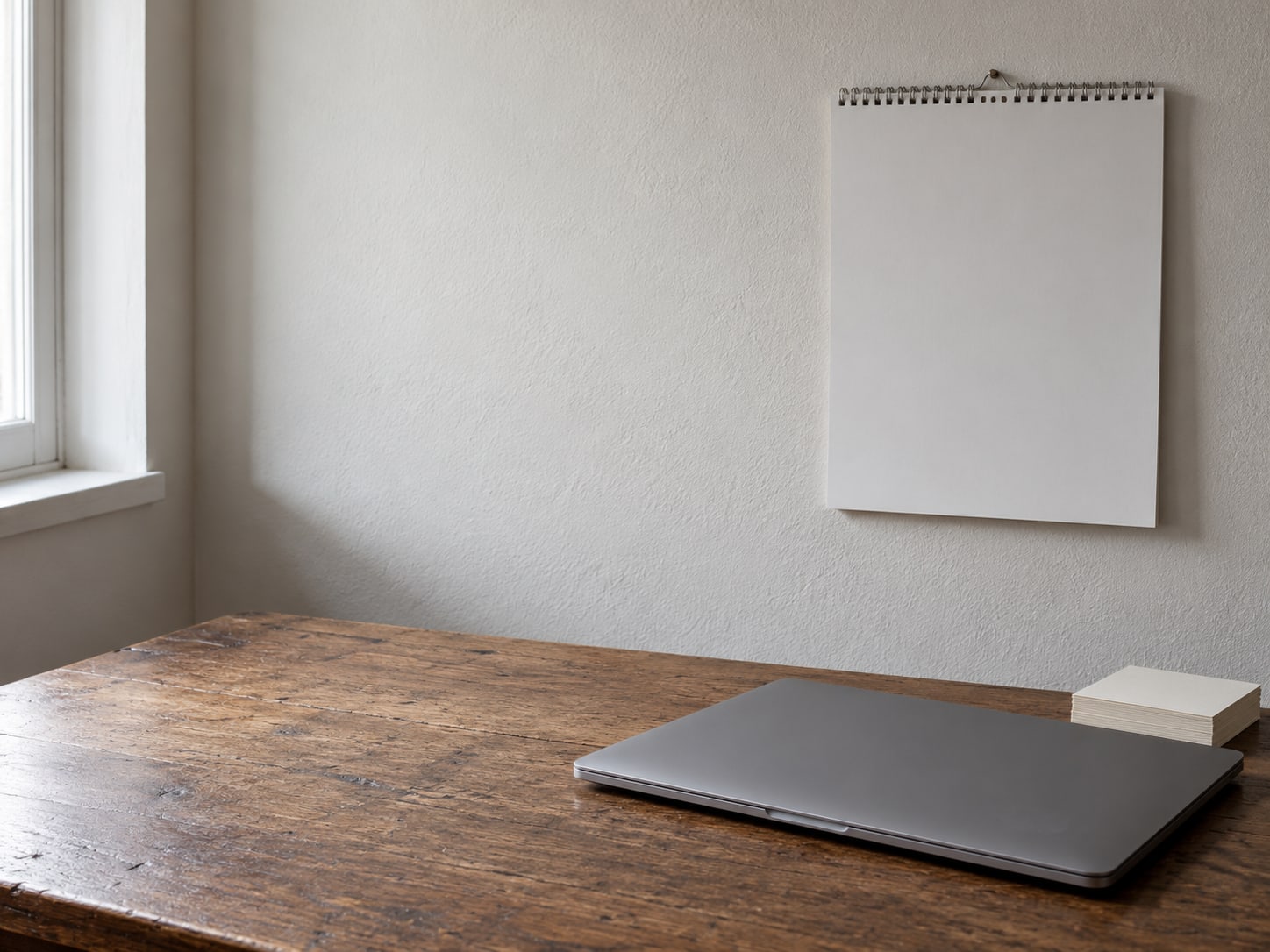 A closed laptop and a small stack of blank index cards on a worn wooden desk beside an empty wall calendar.