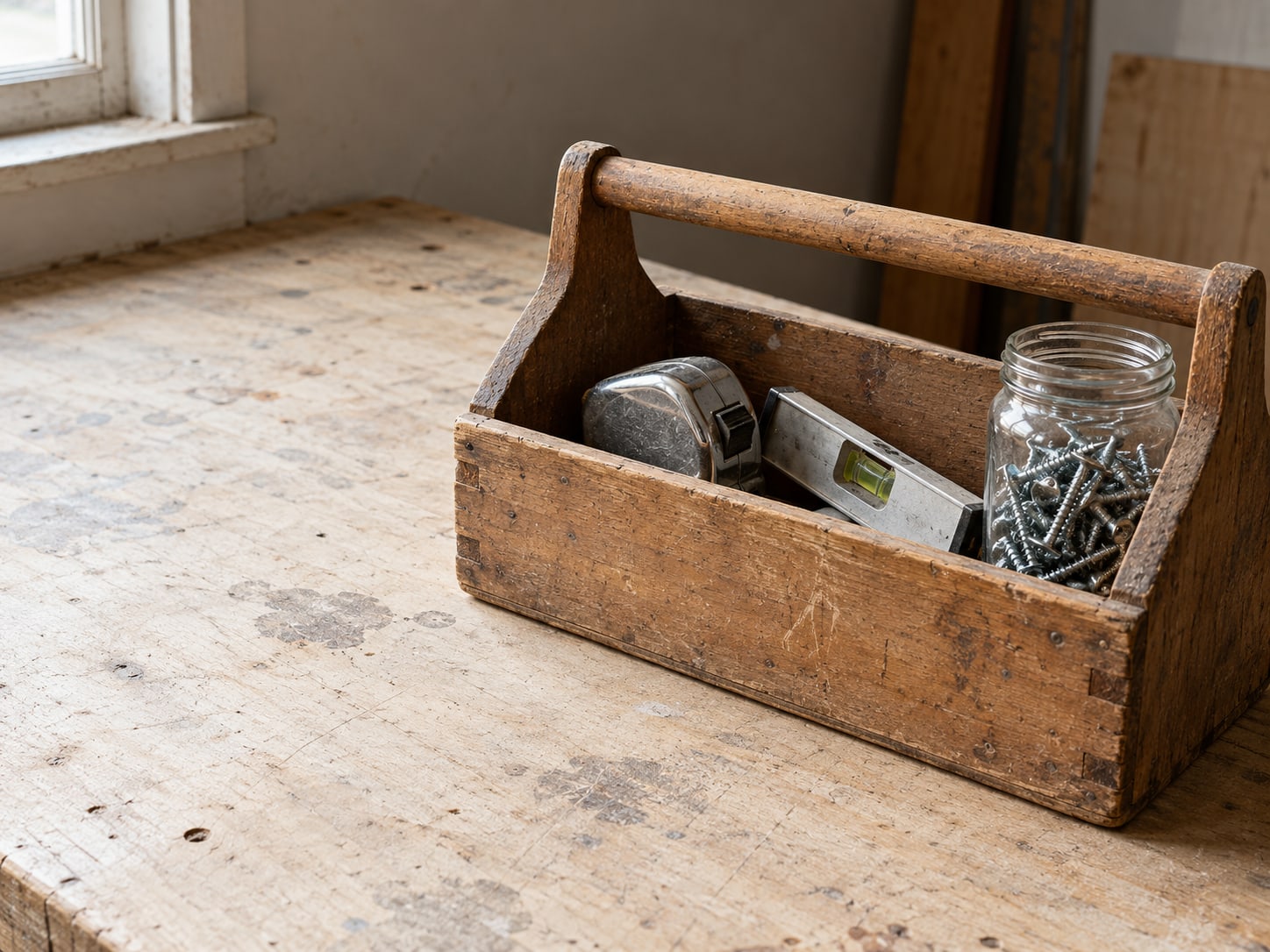 An open toolbox with a tape measure, a small level and a jar of screws on a clean workbench.