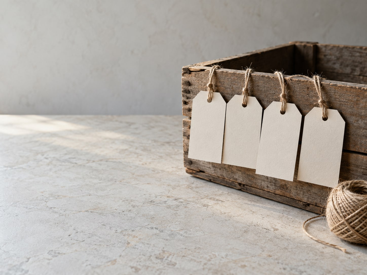 A neat row of blank luggage tags tied to a wooden crate beside a ball of twine.