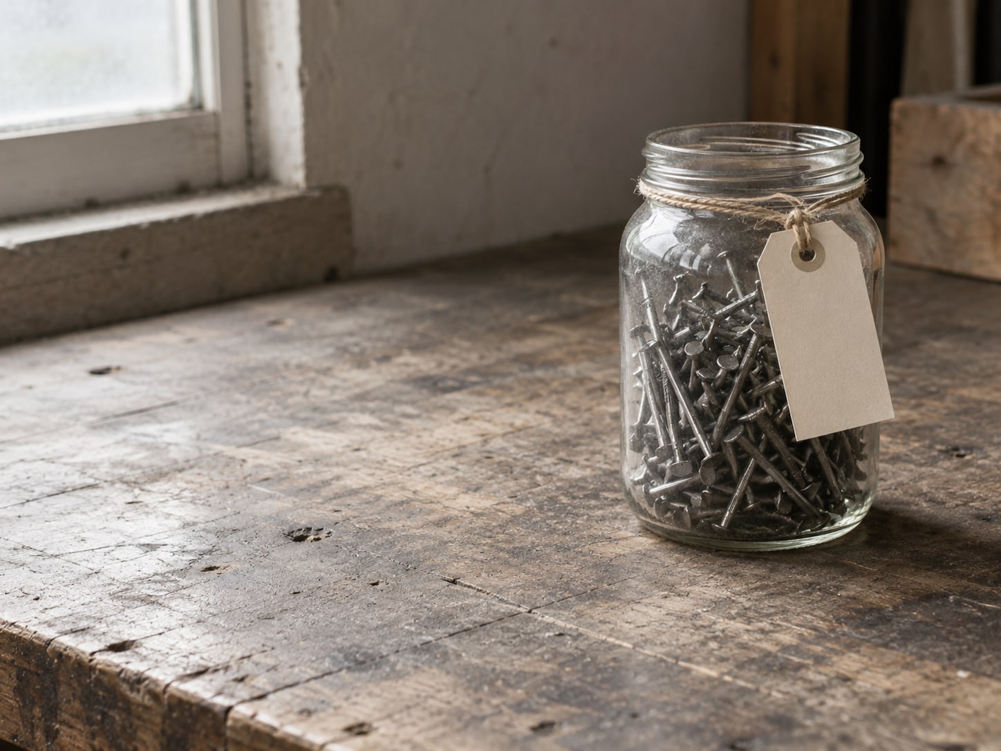 A plain paper tag tied with string to an unchanged glass jar of nails on a workbench.