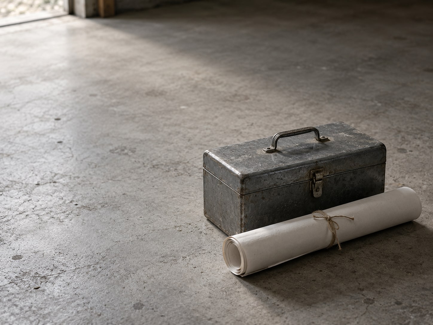 A closed metal toolbox beside a roll of blank paper plans tied with string on a garage floor.