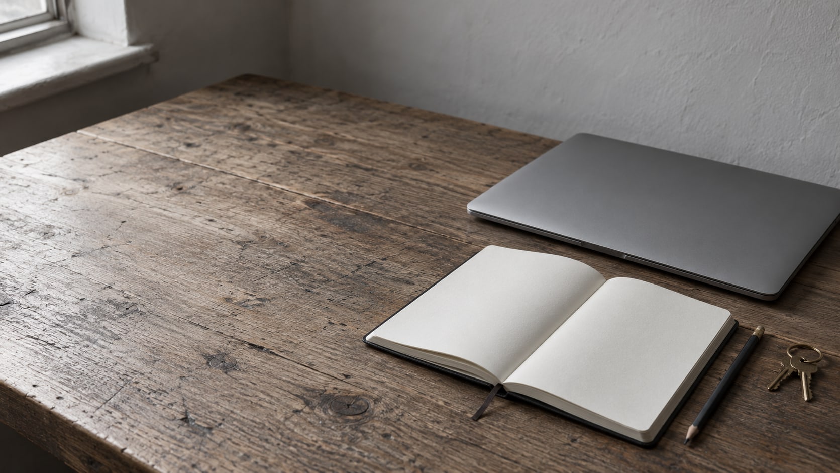 A paper planner and a pencil beside a closed laptop and a small brass key ring on a wooden desk.