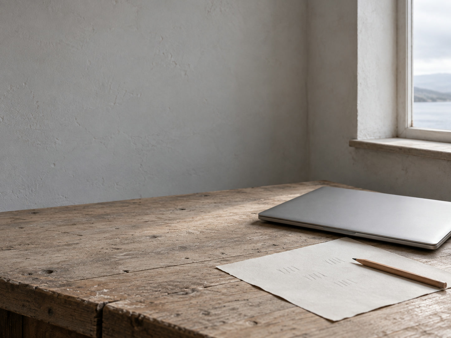 A closed laptop, a sharpened pencil and a single sheet of paper with faint unreadable pencil tallies on a desk beside a window.