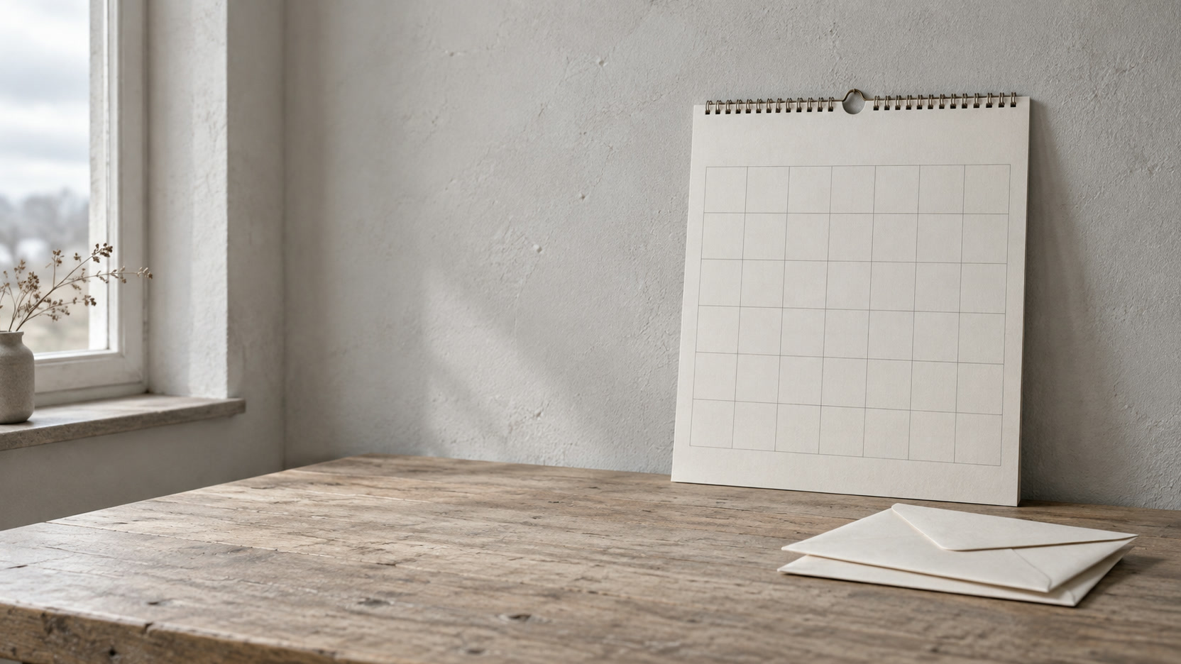 A blank wall calendar beside a small stack of plain envelopes on a light wooden desk.