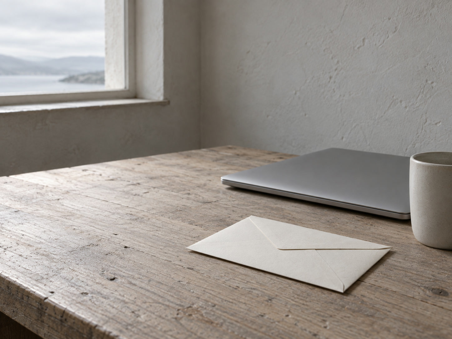 A single sealed envelope resting on a pale wooden desk beside a closed laptop and a plain ceramic mug.