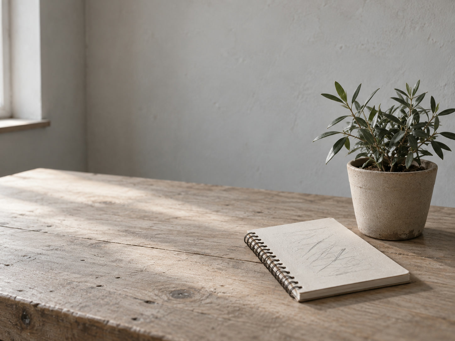 A notepad with faint, unreadable pencil marks lying beside a small potted plant on a kitchen table in soft morning light.