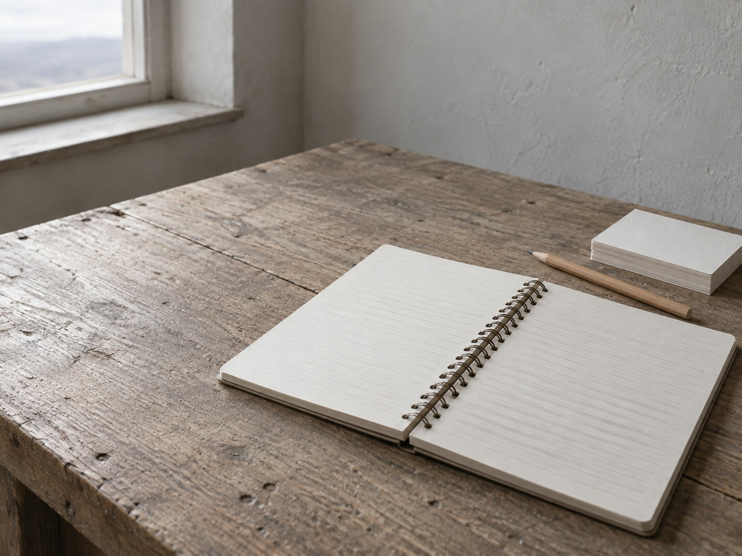 A spiral notebook lying open with blank ruled pages next to a pencil and a small stack of index cards on a wooden table.