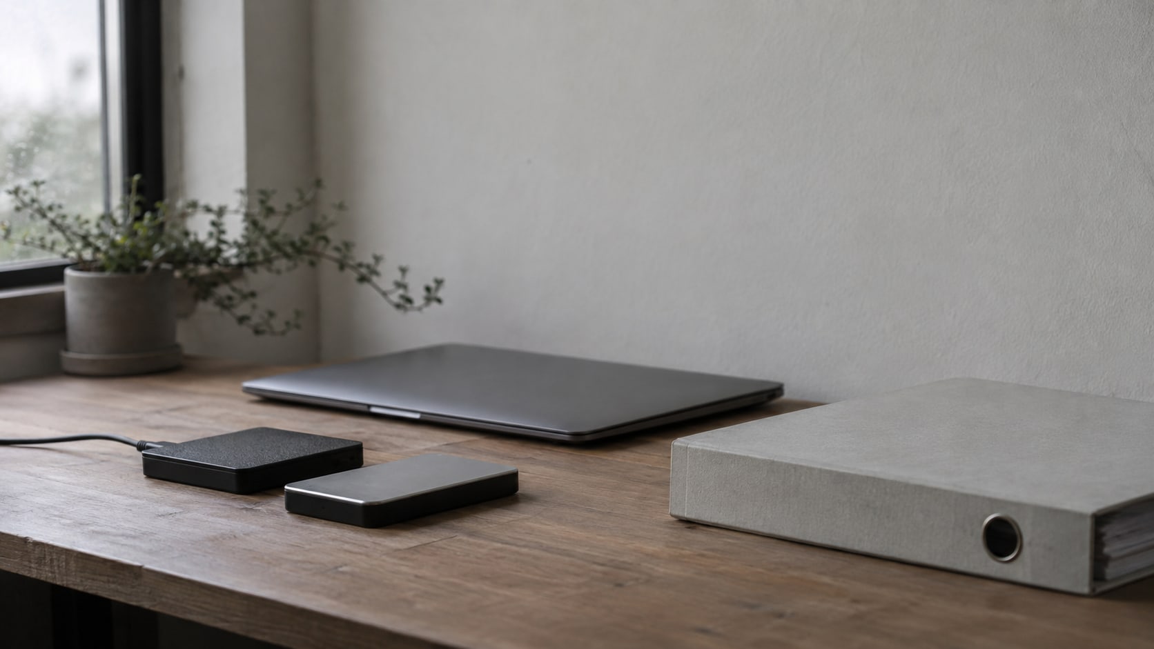 Two small external drives and a closed laptop on a tidy wooden desk beside a plain ring binder.