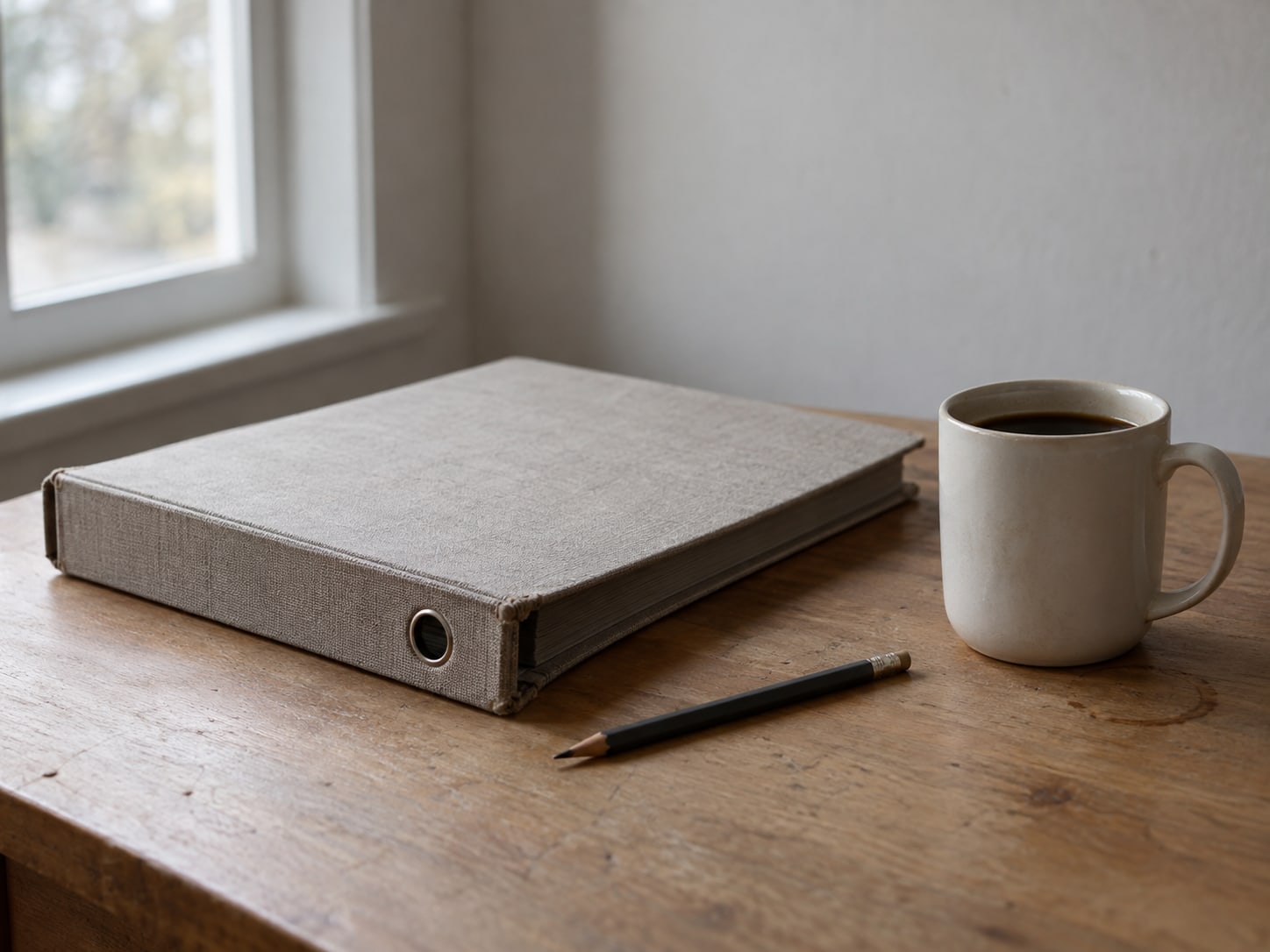 A closed ring binder and a pencil resting on a clean desk beside a mug of coffee.