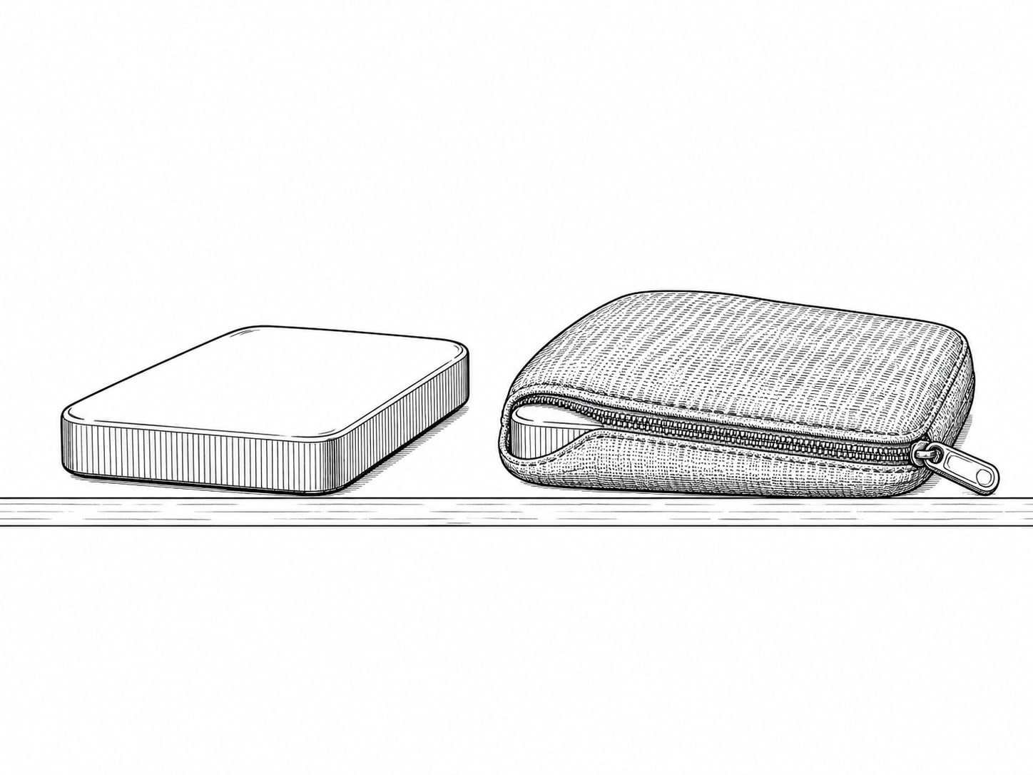 Two small external drives side by side on a shelf, one tucked into a closed fabric pouch.