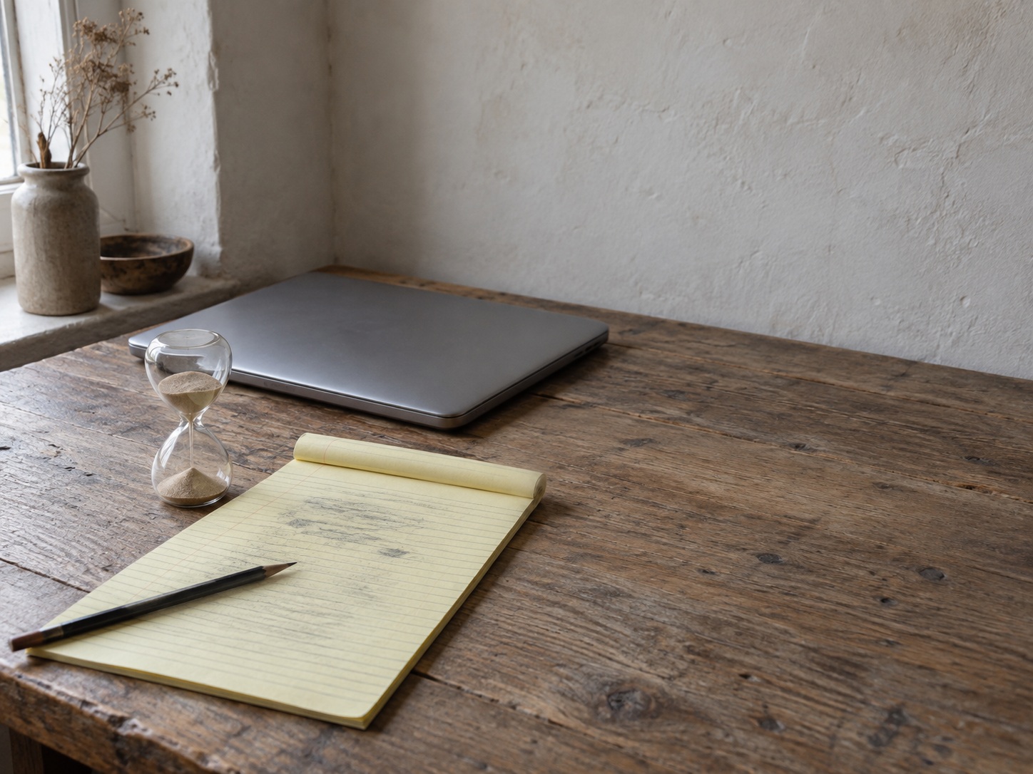 Un bloc de notas amarillo con marcas de lápiz tenues e ilegibles junto a un pequeño reloj de arena y una laptop cerrada sobre una mesa de madera.