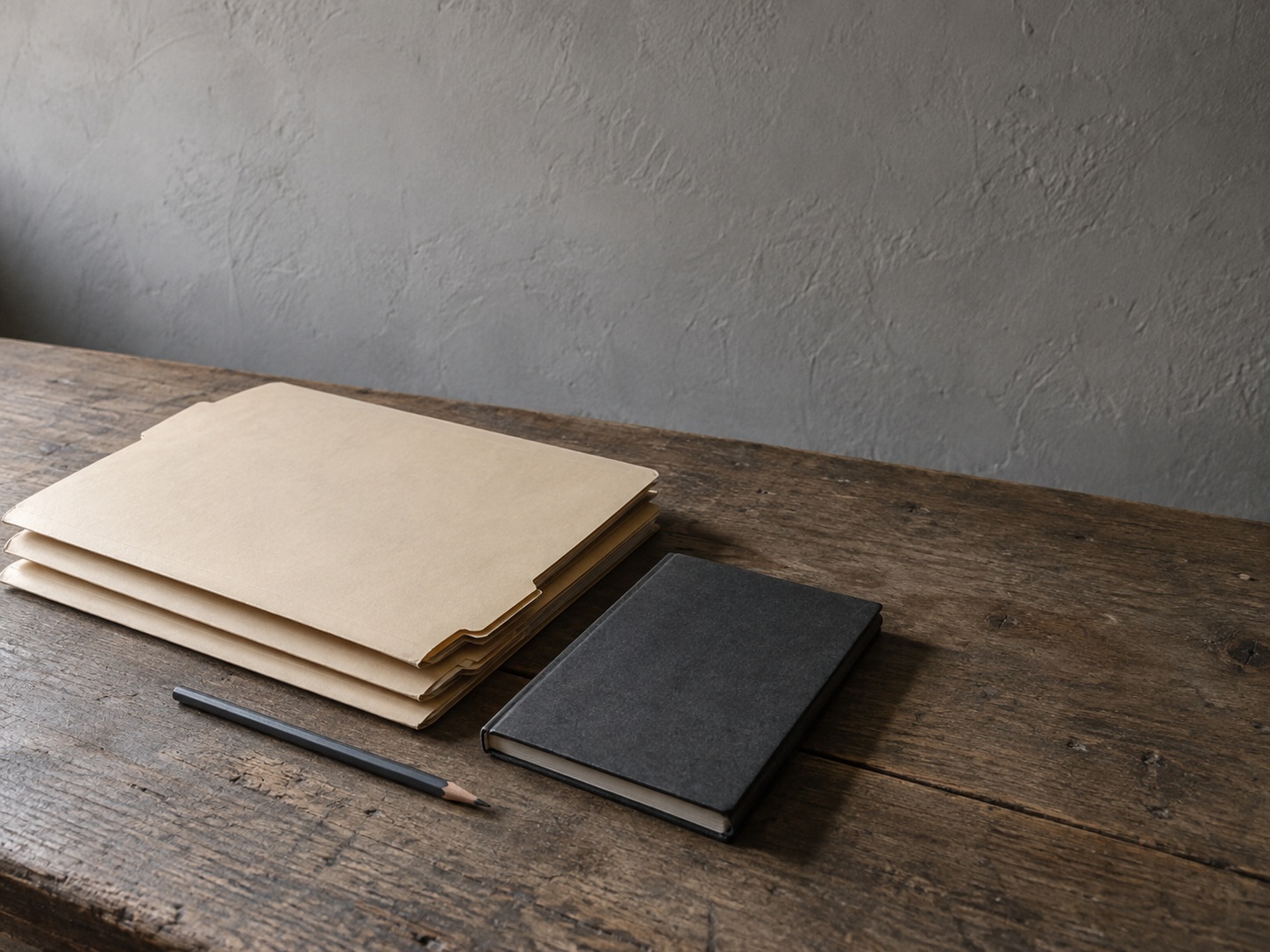 Tres carpetas de manila simples apiladas ordenadamente sobre un escritorio de madera junto a un cuaderno cerrado y un lápiz afilado.