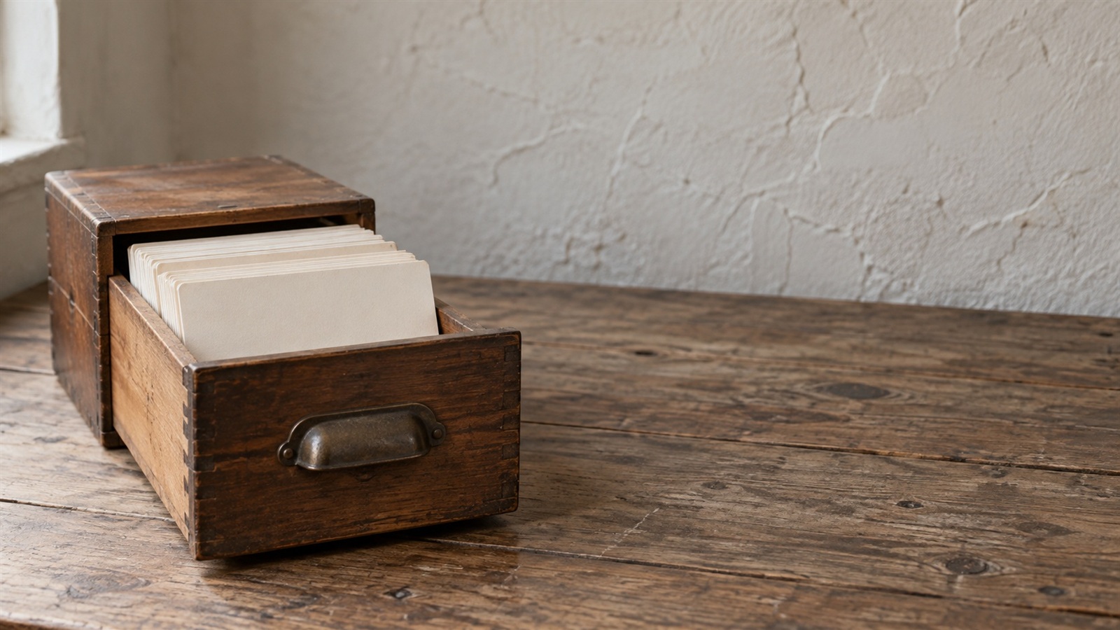 An open card-catalog drawer holding blank index cards on a wooden table in soft window light.