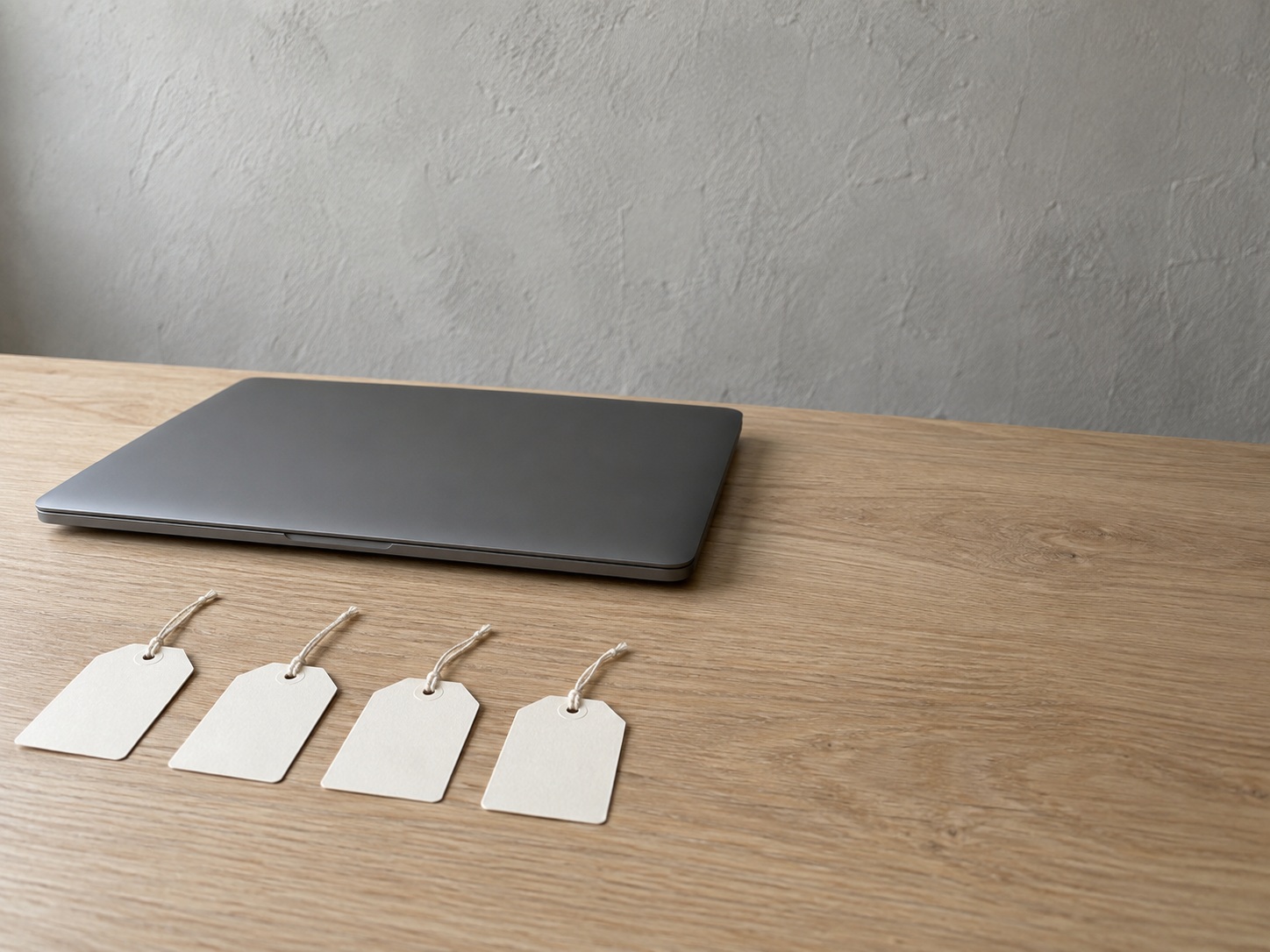 Una laptop cerrada junto a cuatro pequeñas etiquetas de precio en blanco atadas con hilo, puestas en fila sobre un escritorio de roble pálido.