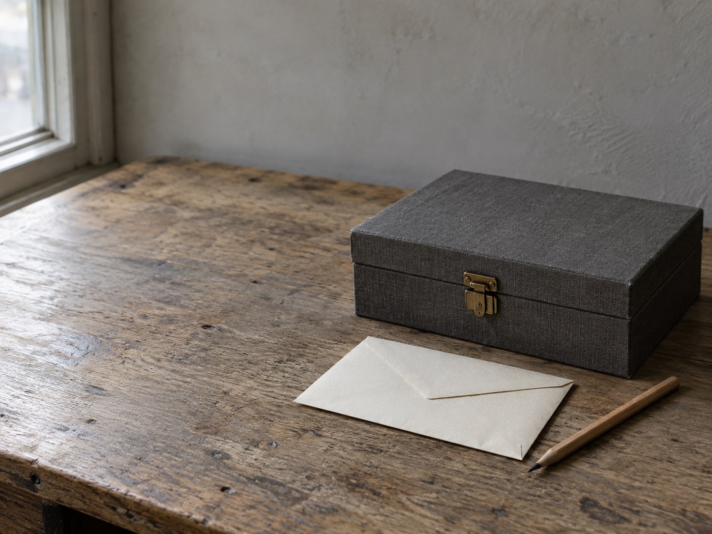 A closed brass-latched document box on a desk beside a sealed plain envelope and a single sharpened pencil.