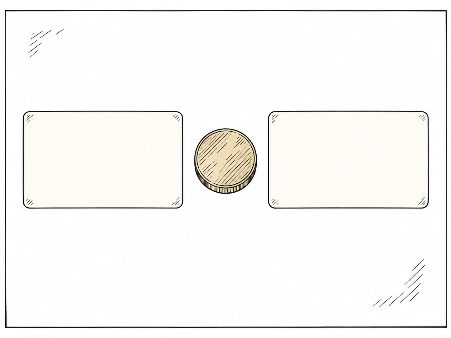 Two blank cream business cards laid side by side on a slate surface with a small brass paperweight between them.