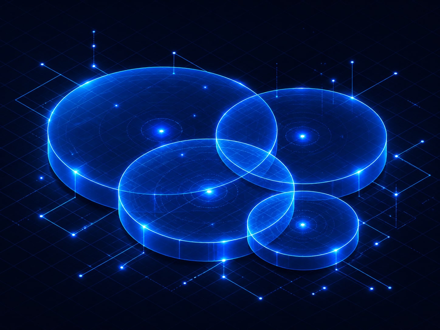 Four overlapping circles of different sizes laid over a much larger plain field, leaving areas of it uncovered.