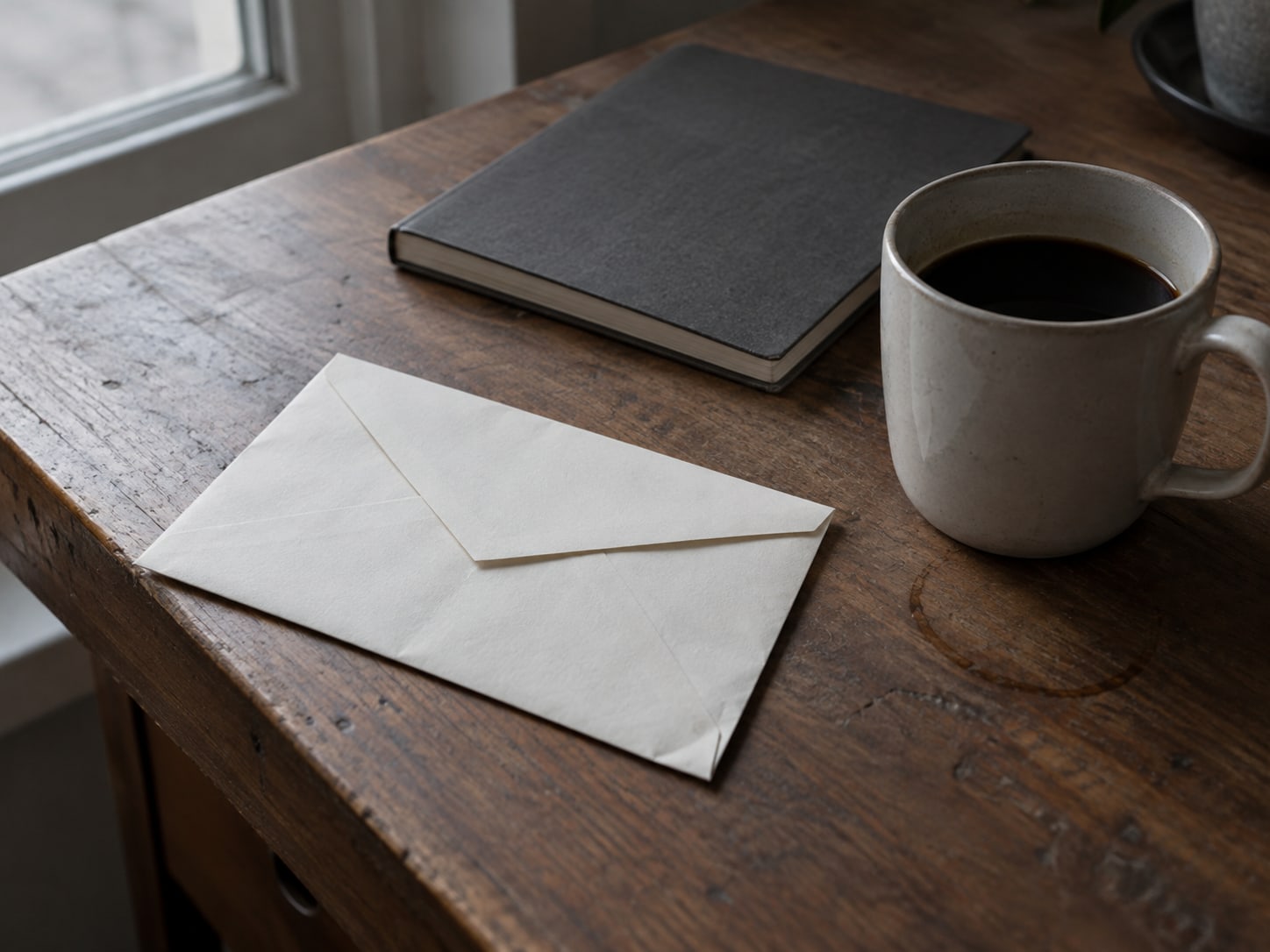 Un sobre sellado dejado a un lado del borde de un escritorio de madera junto a una taza de café y un cuaderno cerrado.