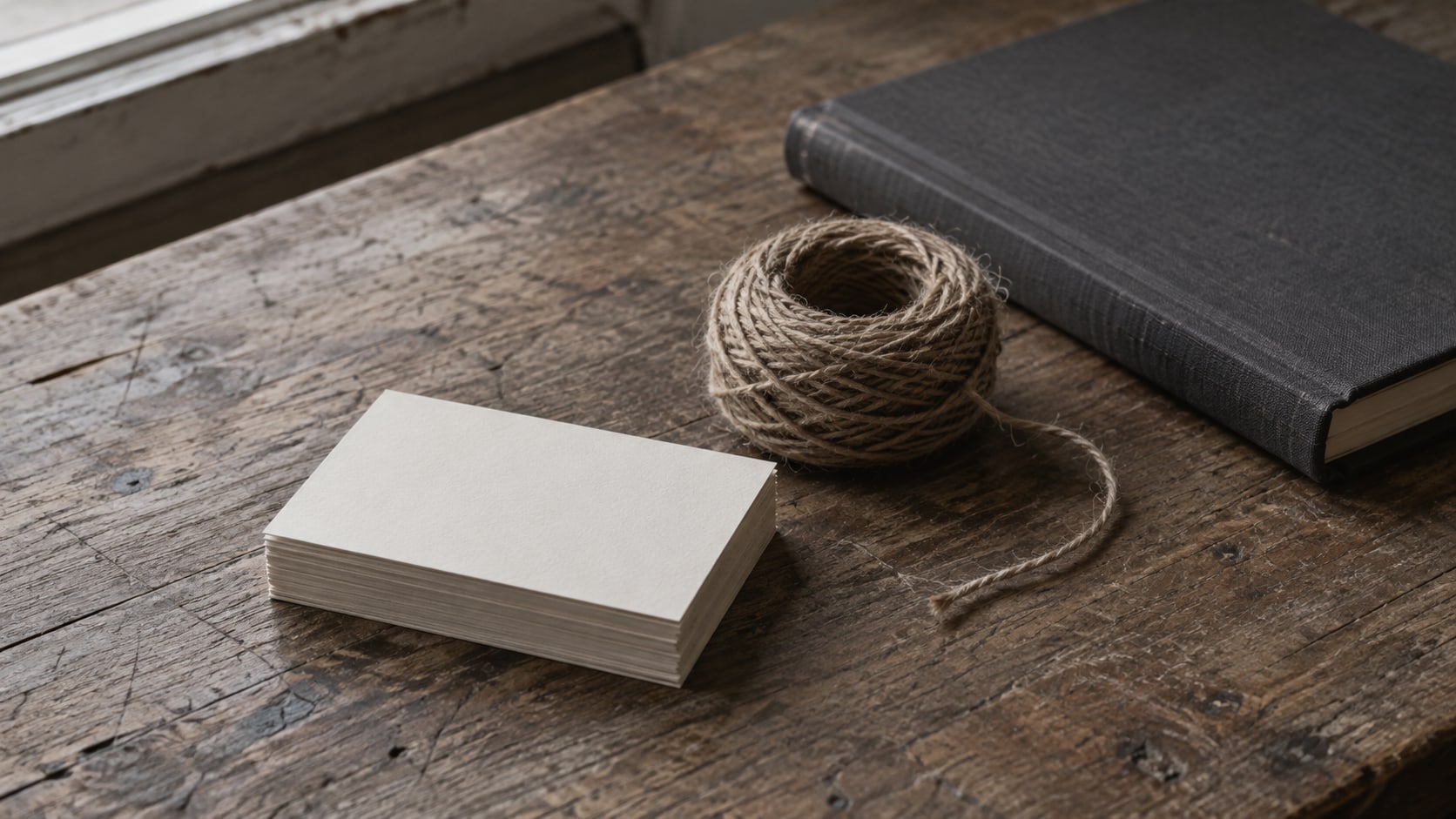 A small stack of plain business cards and a coiled length of twine on a weathered wooden counter beside a closed notebook.