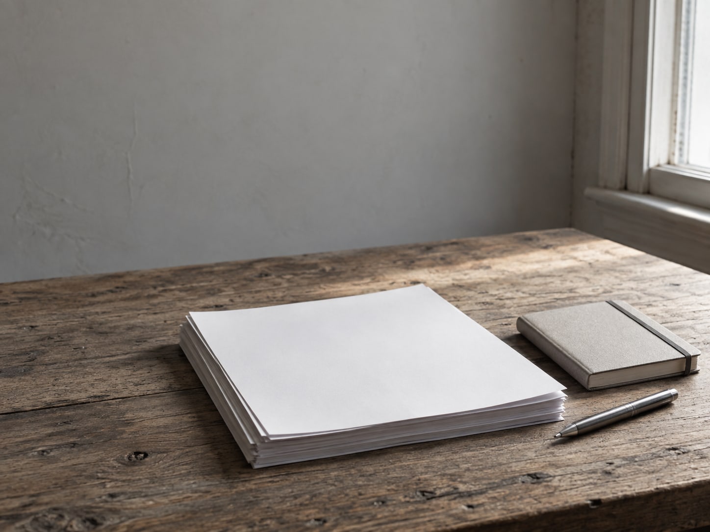 Una pila ordenada de páginas impresas de un contrato y una pluma junto a un pequeño cuaderno sobre una mesa de madera, lista para planificar una alianza de afiliados.
