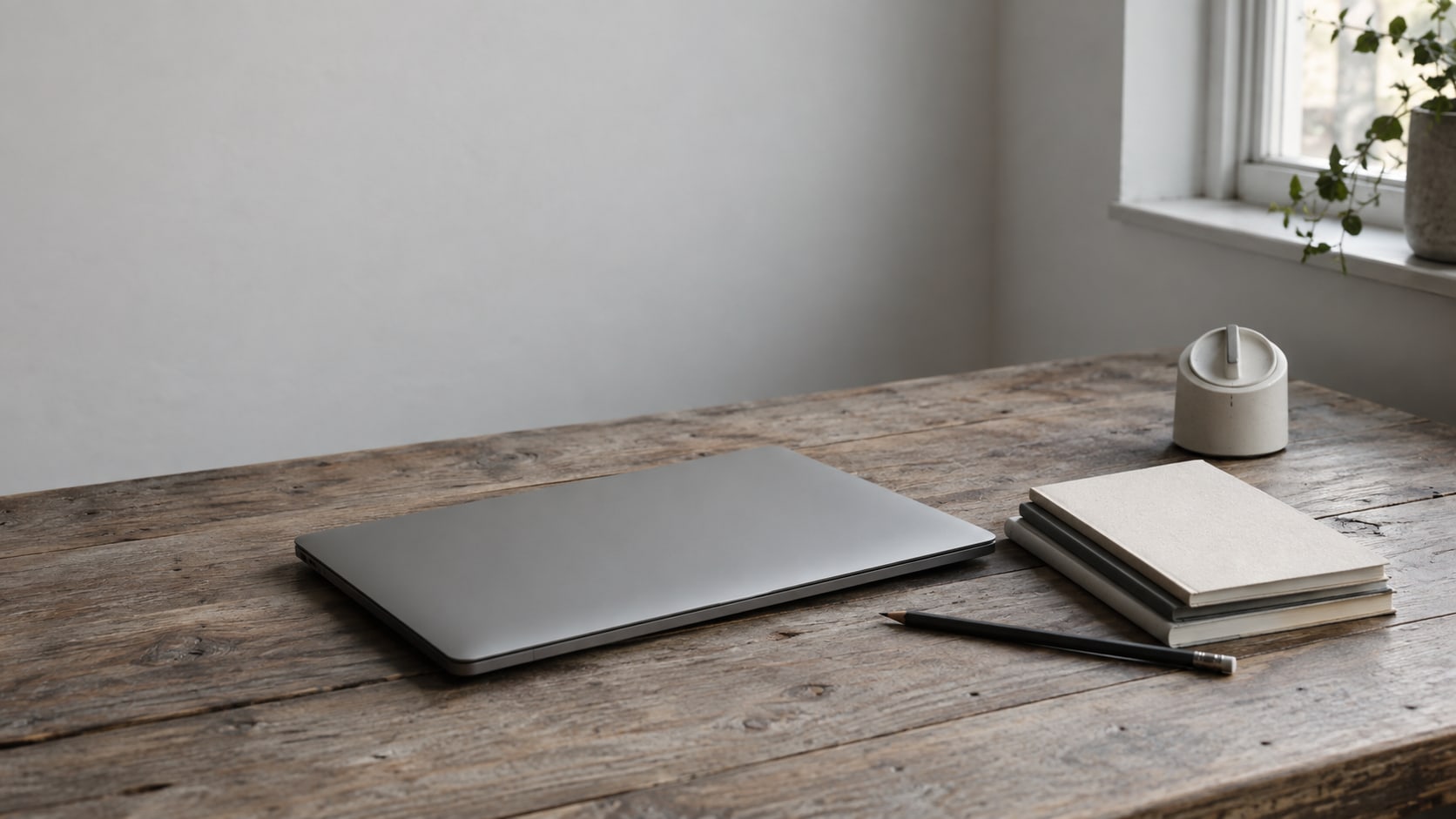Una computadora portátil cerrada, una pequeña pila de cuadernos y un lápiz sobre un escritorio de madera liso, junto a un temporizador de cocina.