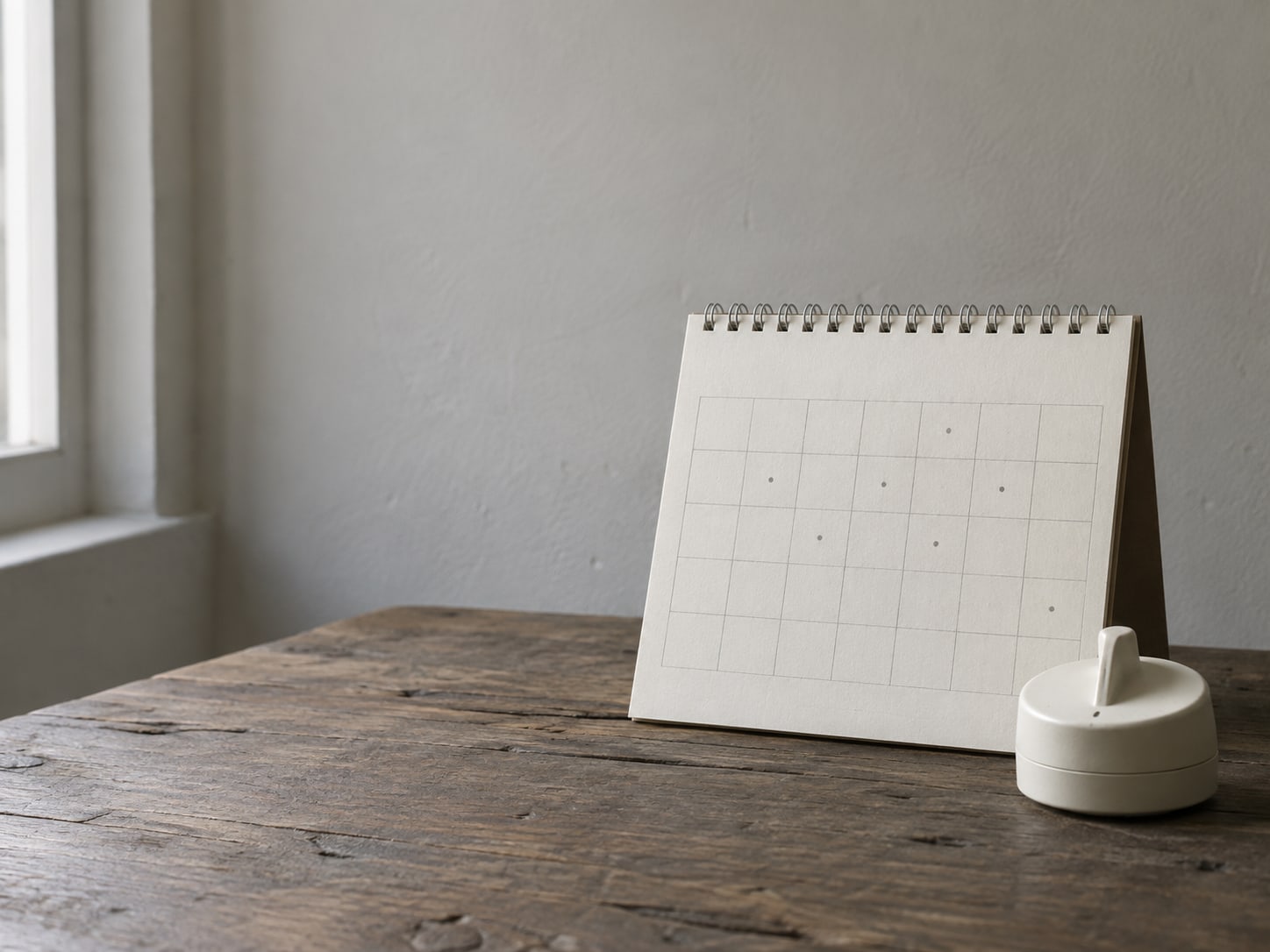 Un calendario de pared con varios cuadros de días laborales marcados a lápiz, junto a un temporizador de cocina sobre un escritorio de madera.